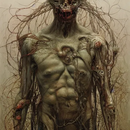 Image similar to jerma full body portrait, body horror, biopunk, oil on canvas, creative design, by zdzisław beksinski, marco mazzoni, peter gric