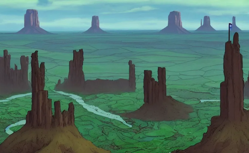 Image similar to a hyperrealist cell - shaded cartoon movie still from howl's moving castle ( 2 0 0 4 ) of a city in a flooded monument valley. rainforest stonehenge is seen in the background with shafts of sunlight from above. very dull muted colors, hd, 4 k, hq