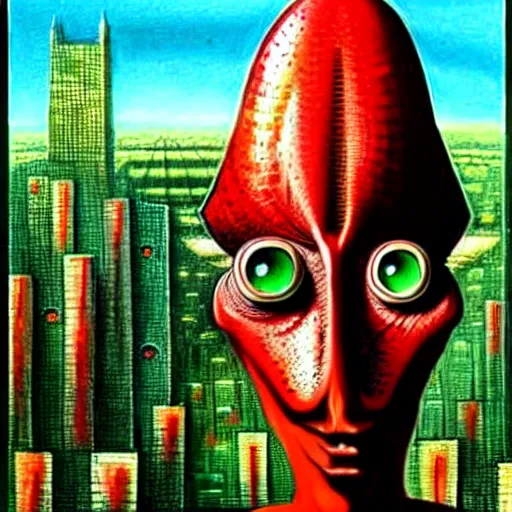 Image similar to A beautiful illustration of a strange, red alien creature looming over a green cityscape. The alien has several eyes and one mouth and its body is covered in scales. It seems to be coming towards the viewer, who is looking up at it in fear. By Max Ernst and Maciej Rebisz