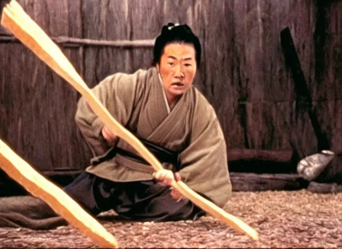 Image similar to a movie still of a samurai slicing through a loaf of bread, a movie by Akira Kurosawa