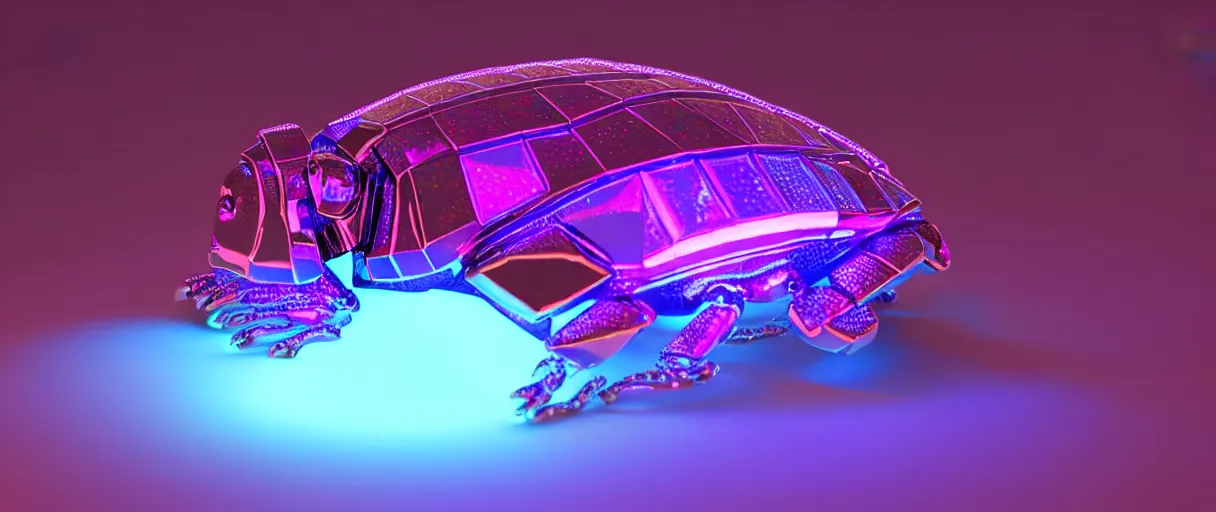 Image similar to high quality 3d render glowing holographic cyborg scarab! jeweled gorgeous! dramatic purple neon lighting vray high quality low angle hd 8k sharp shallow depth of field