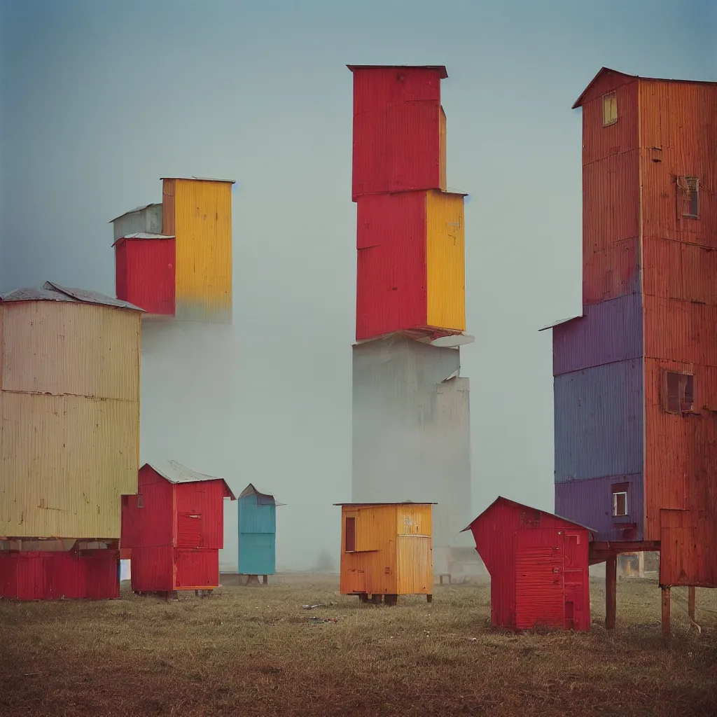 Prompt: two colourful towers, made up of stacked makeshift squatter shacks, bleached colours, plain uniform sky at the back, misty, mamiya, f 1. 8, ultra sharp, very detailed, photographed by julie blackmon