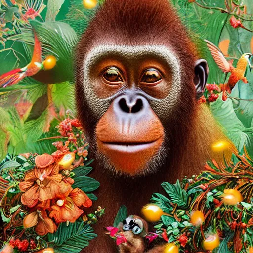 Image similar to portrait of an orang - utan surrounded by hummingbirds and fine floral ornaments, eye - level medium - angle shot, intricate, floral background, by esao andrews, by m. w. kaluta, by yoshita amano, intricate, symmetrical, natural lighting, smooth, 3 d octane render, depth perception, 4 k,, artstation