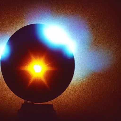 Image similar to a glowing ethereal orb, lens flare, black background, vfx, 3 5 mm, vhs