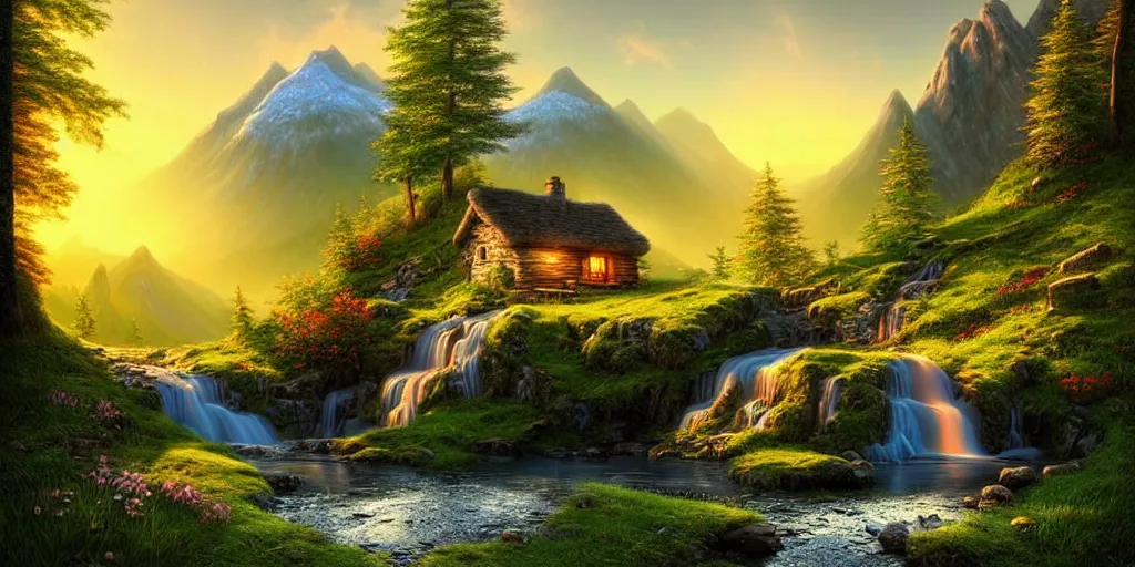 Image similar to a beautiful fantasy landscape, mountain in background, a waterfall in the mountains, little cottage, small pond, some trees in the corner, sunrise, hyper realism, artgem, octane art, artwork by philipp urlich