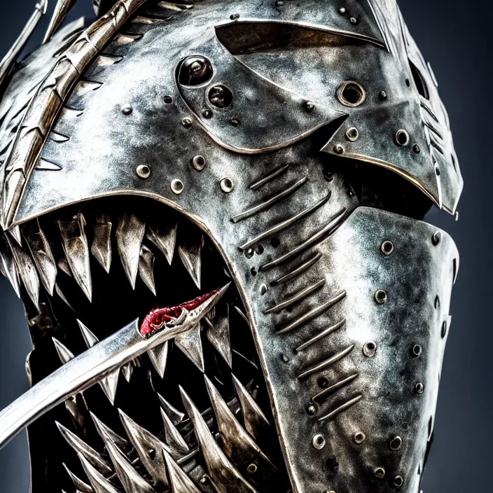 Image similar to photo of a warrior with metal shark themed armour, highly detailed, 4 k, hdr, smooth, sharp focus, high resolution, award - winning photo