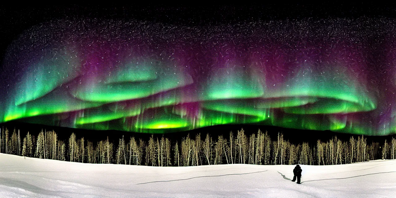 Image similar to laurentian appalachian mountains in winter, unique, original and creative black ink landscape, surrealist artwork, wide angle panorama, snowy night, distant town lights, aurora borealis, deers and ravens, lonely human walking, footsteps in the snow, fascinating textures, outstanding composition