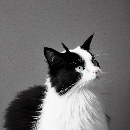 Image similar to fluffy black and white cat portrait, aesthetic highly detailed soft fur and paws, professionally shot photorealistic 8k photograph, 35mm Canon EOS R3, rendered in octane, by Natalie Große and Jason Allison