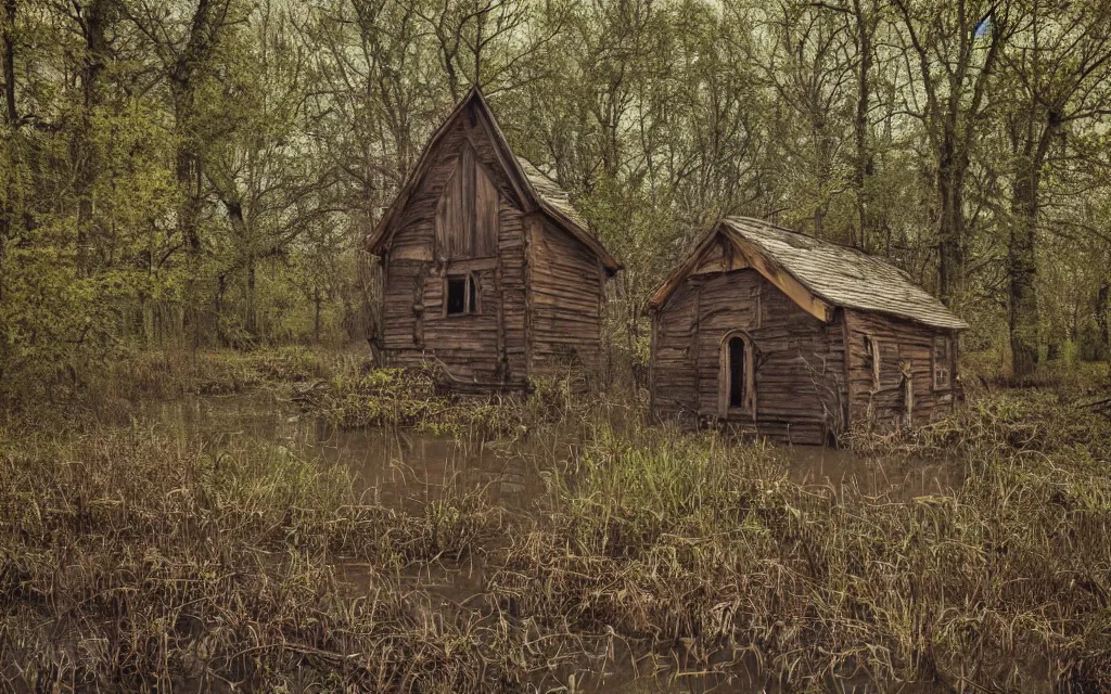 Image similar to an old rotten wooden chapel in a swamp, realistic, old color photograph, dynamic composition, creepy