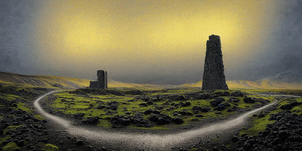 Prompt: A digital painting of Iceland´s gravel road monumental, old ruins tower of a dark misty, by Simon Stålenhag, sci-fi of Iceland landscape, light and shadow, overlaid with aizome patterns, Shin-hanga by Thomas Kinkade and Bob Ross, traditional Japanese colors, superior quality, masterpiece, featured, trending, award winning, HDR, HD, UHD, 4K, 8K, anamorphic widescreen