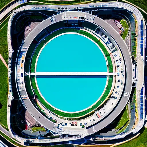 Prompt: f 1 racetrack over pools of bright blue water, birds eye view