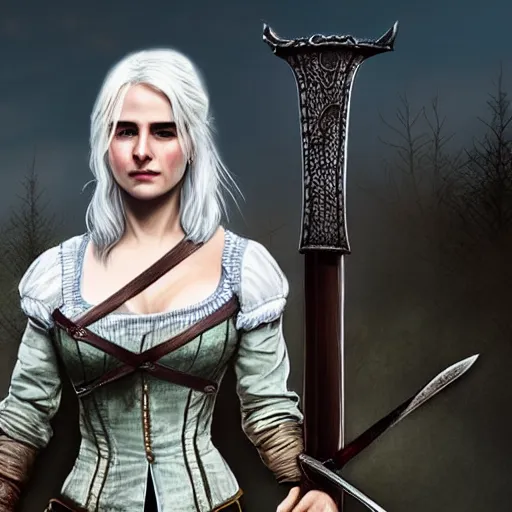 Image similar to Ciri from the Witcher standing on a roof holding a sword, realistic digital art.