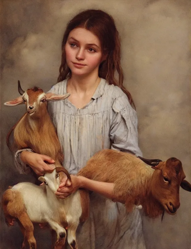 Prompt: portrait of peasant girl holding goat in her hands, cottage core, cinematic focus, polaroid photo bleached vintage pastel colors high - key lighting, soft lights, foggy, by steve hanks, by lisa yuskavage, by serov valentin, by tarkovsky, 8 k render, detailed, oil on canvas