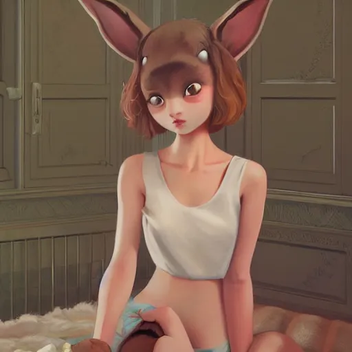 Image similar to little bunny anthropomorphic girl in pajama. digital artwork made by ilya kuvshinov, inspired by zootopia and balthus, highly detailed, realistic,