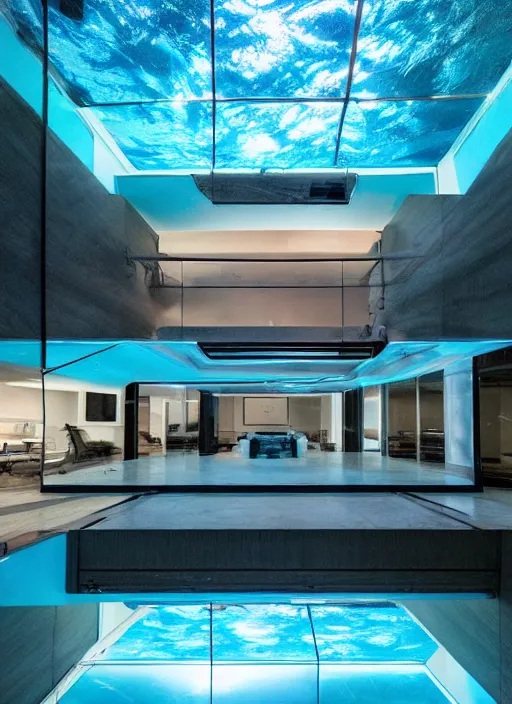 Image similar to a futuristic sci - fi underwater home with mirrored walls, dreamatic lighting