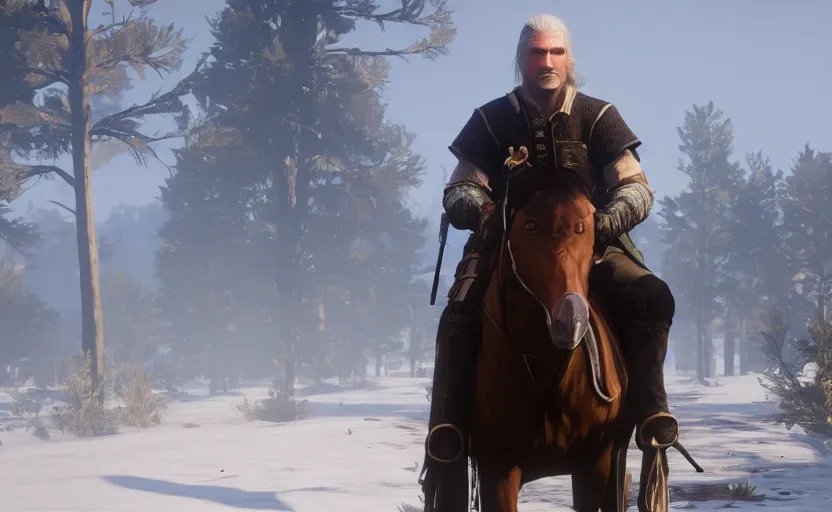 Image similar to screenshot of geralt of rivia in red dead redemption 2,