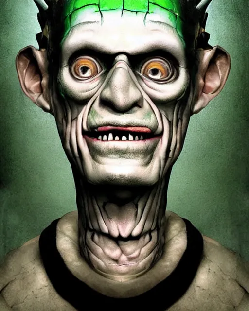 Image similar to halloween frankenstein's monster theme surrealist art in the styles of igor morski, jim warren, and a tim burton film, intricate, hyperrealistic, accurate facial details, profile picture with chromakey!!!!! background, milk - bath effect, volumetric lighting