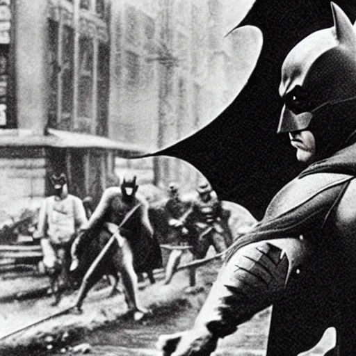 Prompt: a close - up old black and white photo, 1 9 1 3, depicting batman fighting a bad guy in an ally of new york city, rule of thirds, historical record