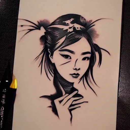 Prompt: tattoo design, stencil, portrait of a japanese girl, fantasy, artgerm