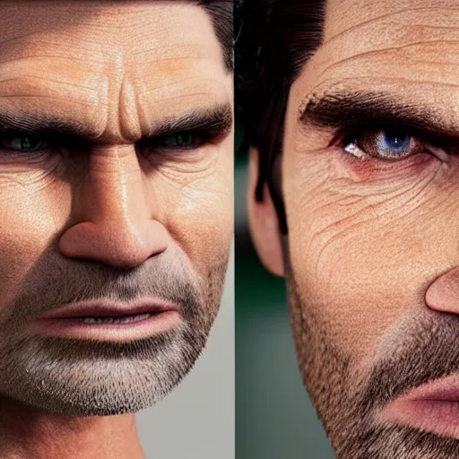 Prompt: detailed 3d render of the incredible hulks face, eric bana, lifelike textures and realistic hair, extreme close detail, high resolution, fine character detail