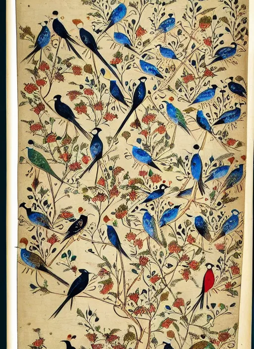 Prompt: the conference of the birds, persian miniature illustration of birds gathered around a hoopoe, highly detailed illustration, illustrated persian manuscript, metropolitan museum of modern art, habiballah of sava, intricate, elegant