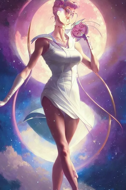Prompt: aeon flux as sailor moon picture by Greg Rutkowski, pastels, stars, dynamic pose, matte painting, intricate, fantasy concept art, elegant, by Stanley Artgerm Lau, WLOP, golden ratio, thomas kindkade, alphonse mucha, loish, Peter chung, norman Rockwell,