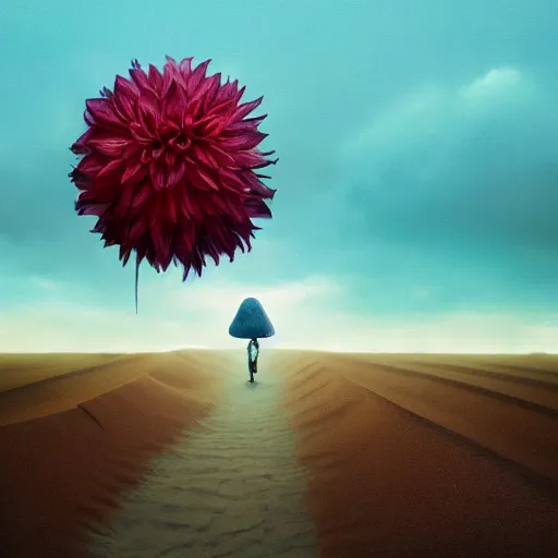 Prompt: closeup huge dahlia flower under head, a girl walking between dunes, surreal photography, sunrise, blue sky, dramatic light, impressionist painting, digital painting, artstation, simon stalenhag