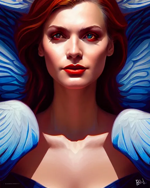 Image similar to 3 / 4 longshot of portrait of a beautiful powerful woman with wings, digital painting, artstation, concept art, smooth, sharp focus, illustration, disney tyle, symmetry face, fine details. art by alex ross, brittney lee