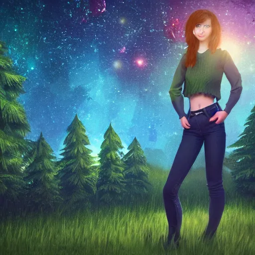 Image similar to an hd photo of a young woman with short brown hair and green eyes, beautiful trees in the background, night sky with stars and galaxies, trending on artstation