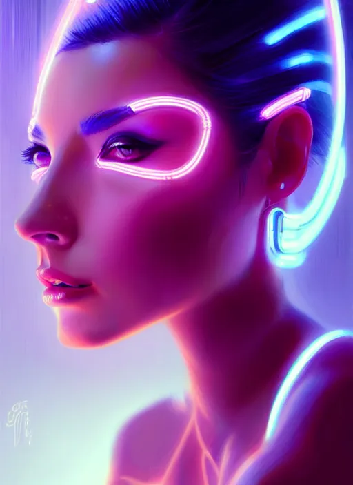 Image similar to portrait of female humanoid from 6 0 s era, intricate, elegant, cyber neon lights, highly detailed, digital painting, artstation, glamor pose, concept art, smooth, sharp focus, illustration, art by artgerm and greg rutkowski