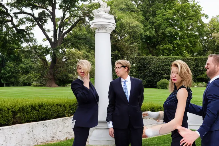 Image similar to press photo of a beautiful thirty - five year old powerful white female president in a suit, being held romantically by her two younger white boyfriends in the white house rose garden, professional photo, press photo, glamorous, 8 k photorealistic, very detailed