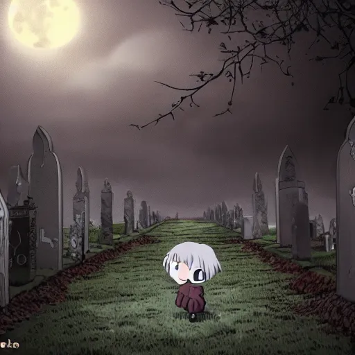 Image similar to anime hd, anime, 2 0 1 9 anime, ghost children, children born as ghosts, london cemetery, gloomy lighting, moon in the sky, gravestones, creepy smiles