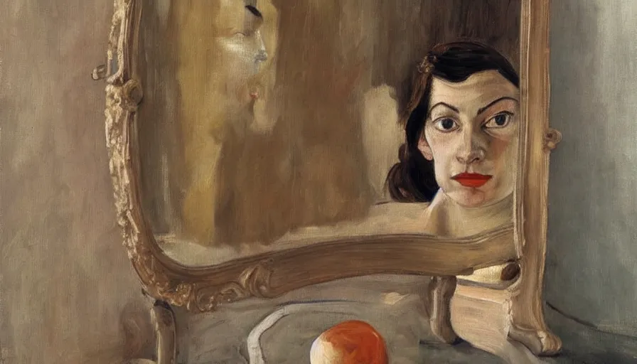 Image similar to painting by lucien freud, young woman in front of the mirror, detailed, stunning