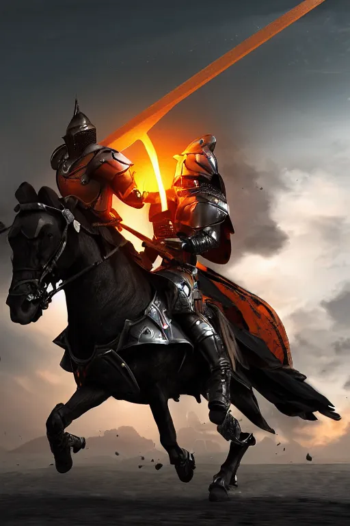 Prompt: a digital photograph of an african american knight in heavy black parmor with orange trim, wearing a black elegant cape flowing in the wind, the knight holds a black sword in one hand, the knight is riding a black horse with mechanized armor who is gallaping, extremely detailed, unreal engine, concept art, 8 k