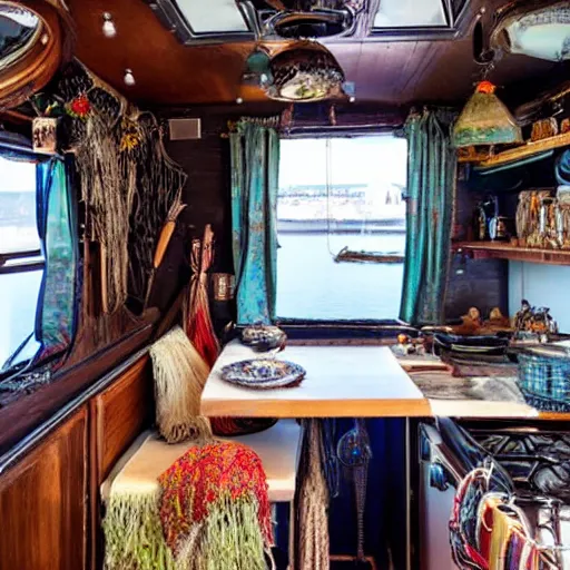 Prompt: a houseboat galley decorated in a witchy bohemian style, 4 k interior design photography