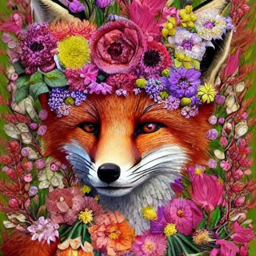 Image similar to made of flowers, made of flowers, made of flowers, fox made of flowers, made of flowers, made of flowers, fantasy art, trending on artstation, beautiful art, intricate, elegant, highly detailed, digital painting