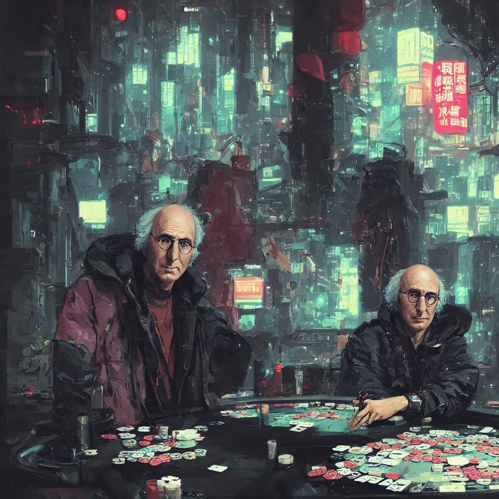 Prompt: detailed portrait larry david playing poker, cyberpunk futuristic neon, reflective puffy coat, decorated with traditional Japanese ornaments by Ismail inceoglu dragan bibin hans thoma greg rutkowski Alexandros Pyromallis Nekro Rene Maritte Illustrated, Perfect face, fine details, realistic shaded, fine-face, pretty face