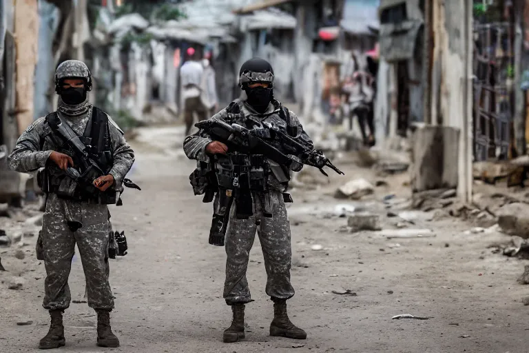 Image similar to Mercenary Special Forces soldiers in grey uniforms with black armored vest and black helmets in urban warfare in Cambodia 2022, Canon EOS R3, f/1.4, ISO 200, 1/160s, 8K, RAW, unedited, symmetrical balance, in-frame, combat photography