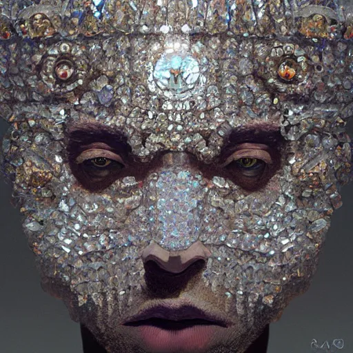 Prompt: portrait of a crystal face made of crystals 3 / 4 bottom view ominous, intricate, studio, art by anthony macbain + greg rutkowski + alphonse mucha, concept art, 4 k, sharp focus