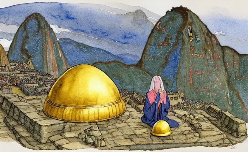 Image similar to a realistic and atmospheric watercolour fantasy concept art of a golden ufo landing on top of a machu pichu. female medieval monk in grey robes kneeling with her hands by her sides. by rebecca guay, michael kaluta, charles vess and jean moebius giraud