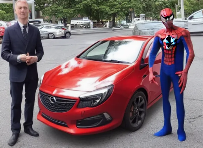 Image similar to spiderman stand next to opel sedan