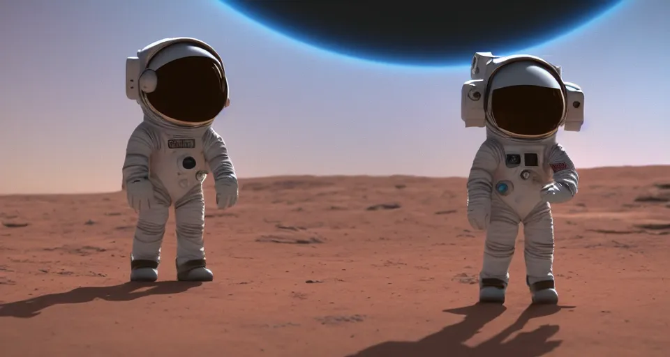 Prompt: cute astronaut standing in front of a spaceship on mars, pixar, 8 k, octane render