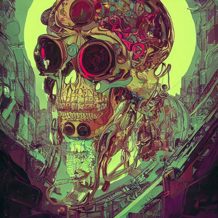 Prompt: a beautiful painting of a cyberpunk skull by simon stalenhag and pascal blanche and alphonse mucha! and nekro! and josan gonzalez!!. in style of digital art. colorful comic, film noirs, symmetry, brush stroke, vibrating colors, hyper detailed. octane render. trending on artstation
