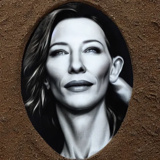 Image similar to portrait of cate blanchett drawn in the sand