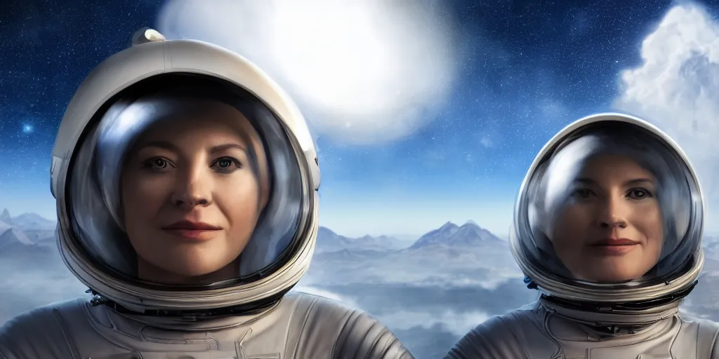 Image similar to portrait of a woman wearing a space helmet, scifi, gigantic mountains visible in the background, big clouds, stars in the sky, 8k, unreal engine, charcoal portrait, drawing