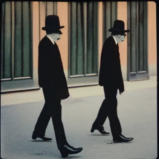 Image similar to wide-shot low angle of empty animated formal suits walking down the street, polaroid photo, by Andy Warhol, by Rene Magritte