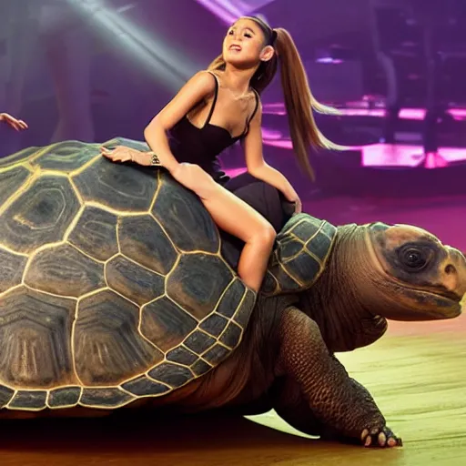 Prompt: ariana grande riding a giant tortoise on concert stage, 8 k resolution, cinematic lighting, anatomically correct
