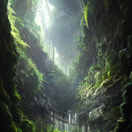 Prompt: epic, ultra detailed, hyper - real alien jungle by greg rutkowski inside a giant cave by zaha hadid