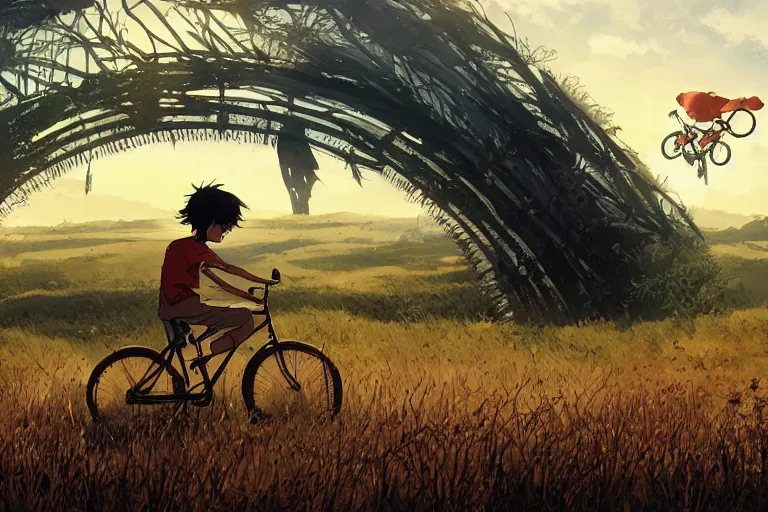 Prompt: a boy riding his bike alone through the plains of rural philippines, high intricate details, rule of thirds, golden ratio, cinematic light, anime style, graphic novel by fiona staples and dustin nguyen, by beaststars and orange, peter elson, alan bean, studio ghibli, makoto shinkai