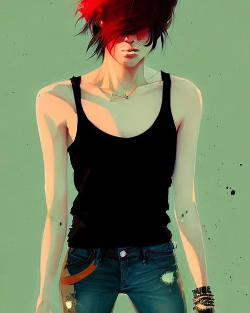 Image similar to a ultradetailed beautiful portrait painting of a stylish woman with short hair, she is wearing a black tank top and jeans, by conrad roset, greg rutkowski and makoto shinkai trending on artstation